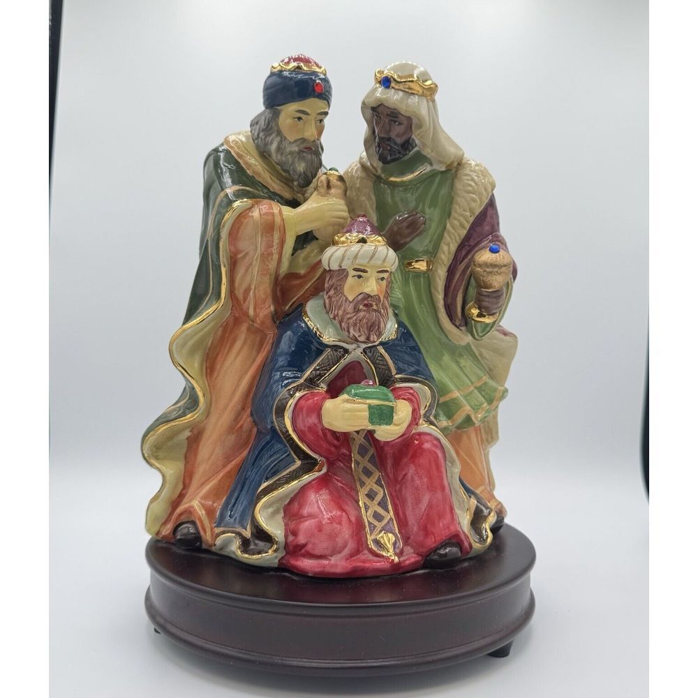 3 Kings 11" Tall Ceramic Figurine/Music Box "Silent Night" On Wood Base Key Wind